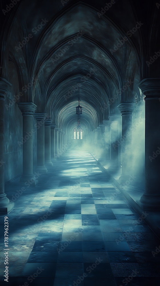 Obraz premium Enigmatic corridor with arches and a faint light, a journey through history