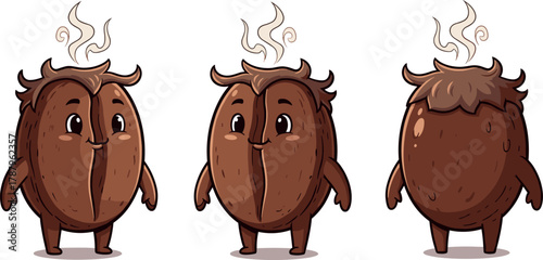 Cute Coffee Bean Character in Three Views
