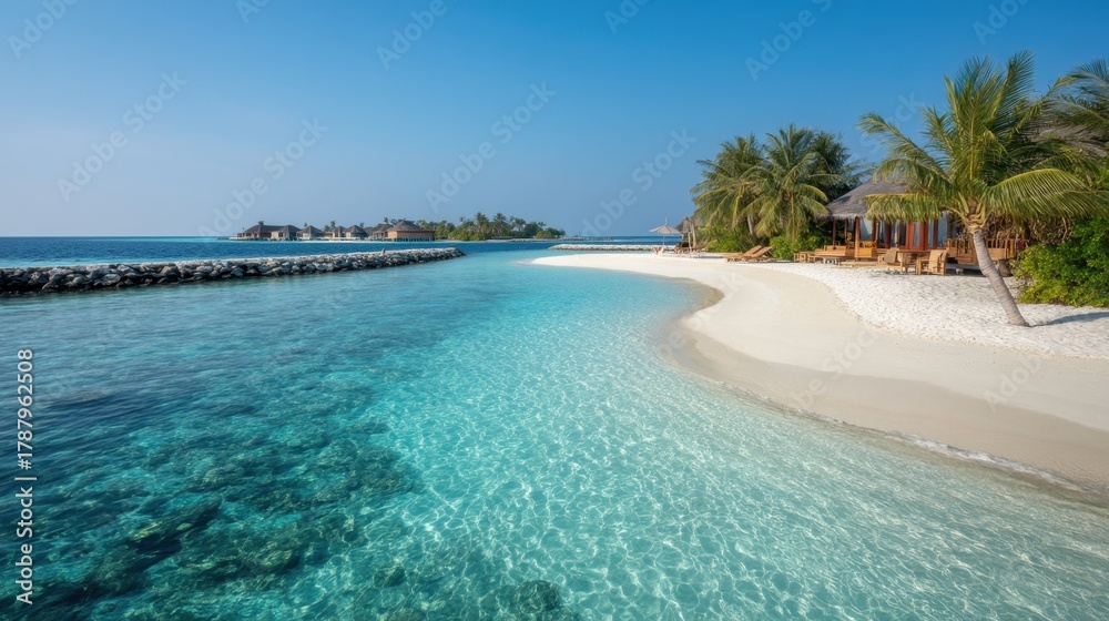 Fototapeta premium Serene Tropical Beach with Crystal Clear Water, Soft White Sand, and Lush Palm Trees Under a Bright Blue Sky in a Paradise Destination
