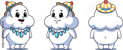 Cute Cloud Character in Multiple Views with Raindrop Necklace