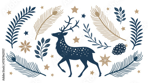 Illustration of a deer surrounded by feathers, stars, flowers, and foliage in blue and gold tones silhouette