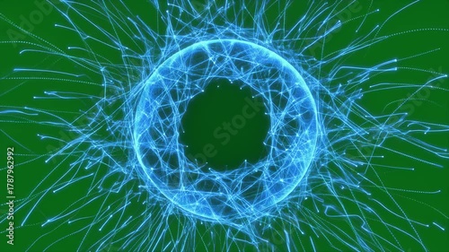 Dynamic blue energy particles forming a luminous ring against a vibrant green background