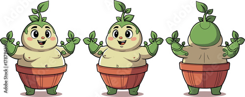 Cute cartoon plant character in three views for animation