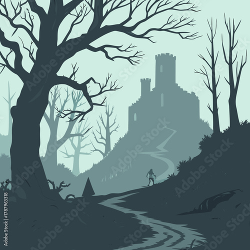 A lone figure walks towards a castle in a dark and misty forest