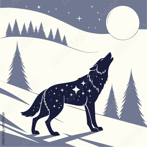 A lone wolf howls at the full moon in a snowy winter landscape
