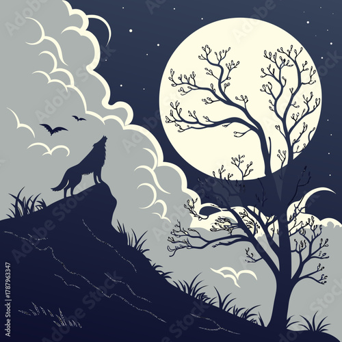 A lone wolf howls at the moon in a dark and mysterious night, with a silhouette of a tree and clouds