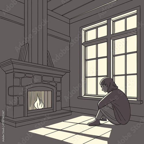A lonely woman sitting on the floor in front of a fireplace and window in a dark room