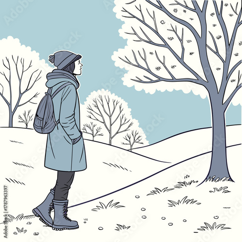 A person standing in a snowy landscape, admiring the winter scenery with snowcovered trees and a serene atmosphere