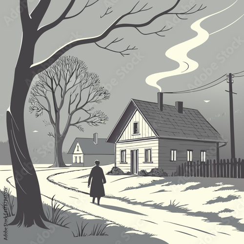A solitary figure walks along a snowy path leading to a cozy house with smoke rising from the chimney