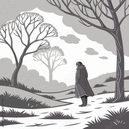 A solitary figure walks through a winter landscape, surrounded by bare trees and a cloudy sky
