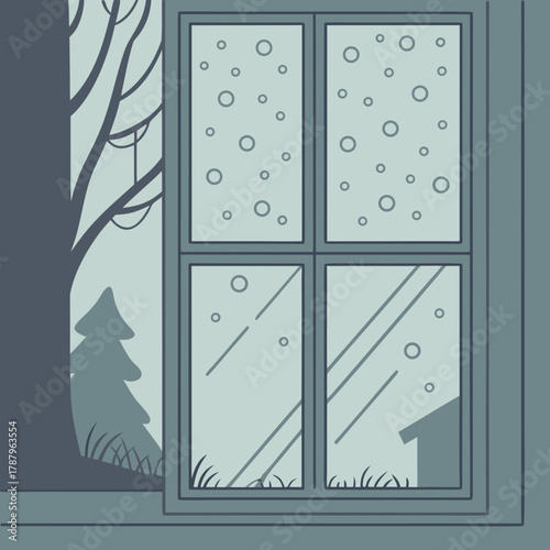 A view from inside a window on a snowy day, with a tree and a house visible outside