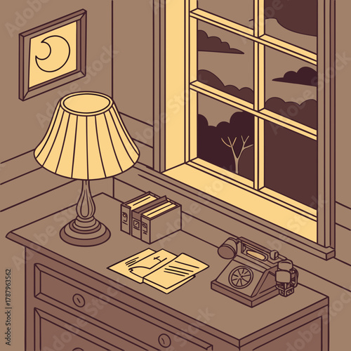 A vintage desk with a lamp, telephone, and papers, illuminated by moonlight streaming through the window at night