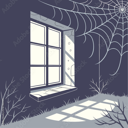 A spooky window scene with a spiderweb and moonlight shining through the glass panes in a dark room