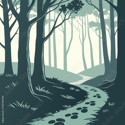 A winding path leads through a serene forest with tall trees and dappled sunlight filtering through the canopy