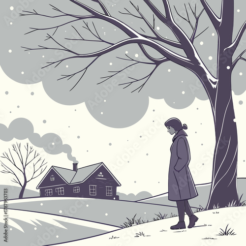 A woman walking in a snowy landscape with a house in the background during winter