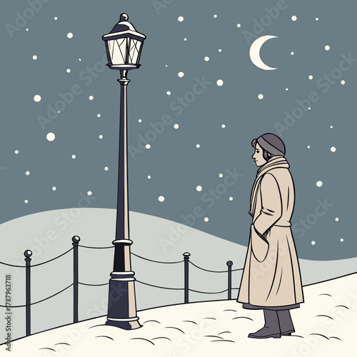 A woman in a coat stands near a lamppost under the moonlight during a snowy winter night