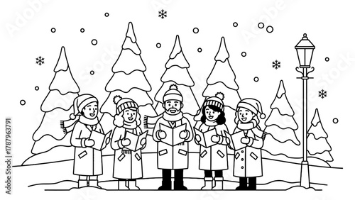 Group of carolers singing Christmas carols in winter snow.
