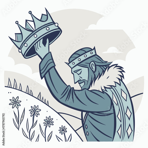 Illustration of a king holding a crown in a field with flowers