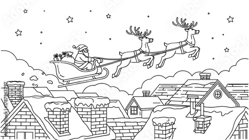 Santa Claus flying in his sleigh pulled by reindeer over a snowy village at night.
