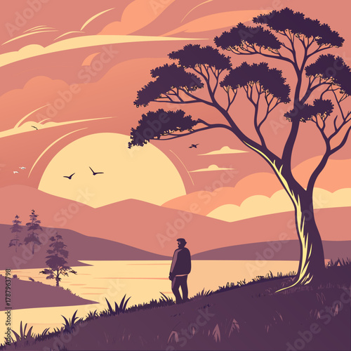 Man standing by a lake at sunset, enjoying the beautiful view of the sun setting over the mountains