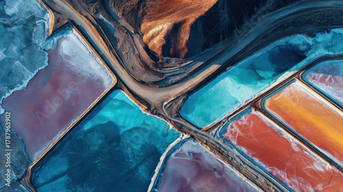 aerial view of mineral mining evaporation ponds industrial landscape with brine pools reflects sunset light eco tech for lithium extraction in desert mountains critical raw material for electric