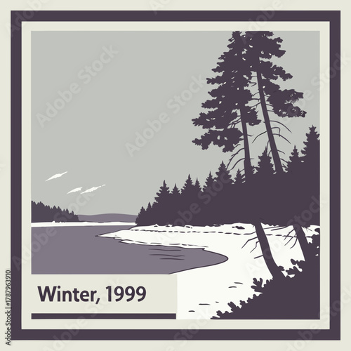 Winter landscape with trees and lake with the text winter, 1999 in the lower left corner illustration
