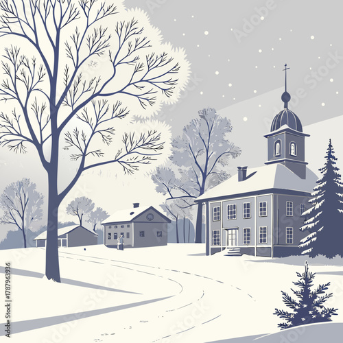 Winter landscape with snowcovered buildings and trees in a serene and peaceful setting, creating a tranquil scene