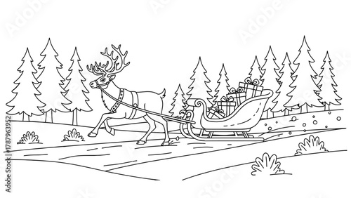 Reindeer pulling Santas sleigh filled with Christmas presents.