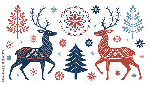 Festive winter scene with two deer facing each other amidst trees and snowflake decorations around them silhouette