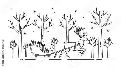 Reindeer pulling a sleigh filled with Christmas presents through a winter forest.