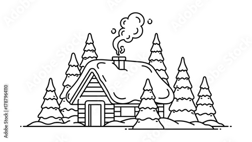 Cozy Winter Cabin Surrounded by Snow-Covered Pine Trees.