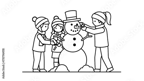 Children happily building a snowman together in winter.