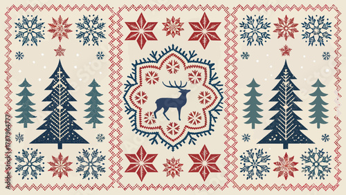 Decorative winter pattern with christmas trees snowflakes stars and a deer in a circular ornament design silhouette