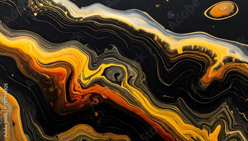 Abstract liquid art, swirling colors, black, gold, orange, and white patterns
