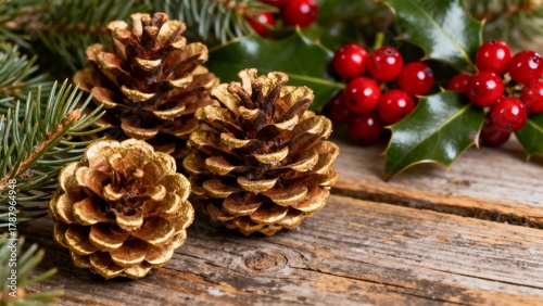 Festive arrangement of pine cones and holly berries on wooden surface. Winter holiday theme.