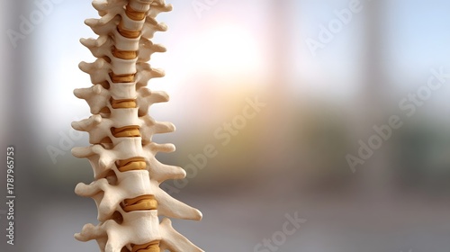 Close up detailed view of a human vertebral column model showcasing bone structure and intervertebral discs in soft lighting