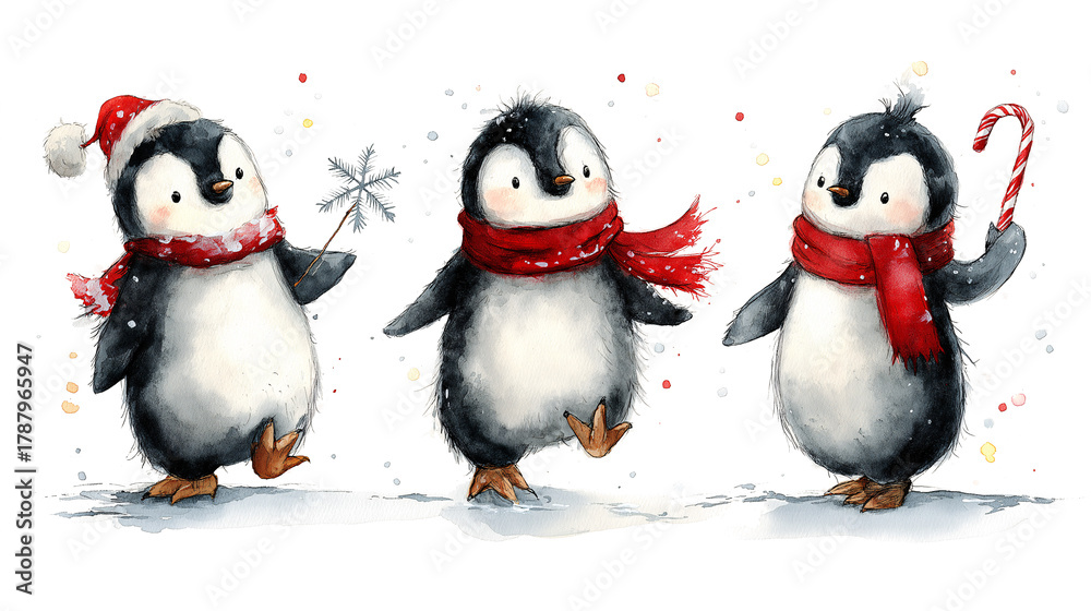 Fototapeta premium Cute watercolor penguins in winter accessories, hand-painted style, isolated on a transparent background. Ideal for holiday cards, seasonal decor, and festive design projects. 