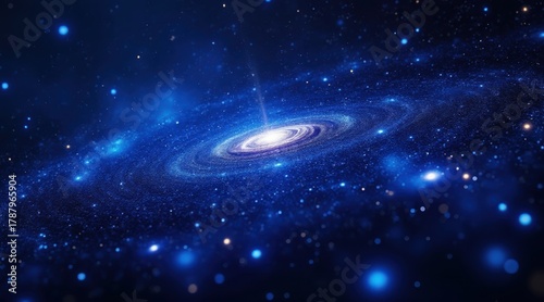 Blue spiral galaxy with bright center and starfield in deep space