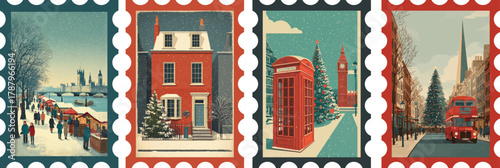 Vintage London Christmas stamp set with snowy city scenes, red bus, telephone box, and festive landmarks
