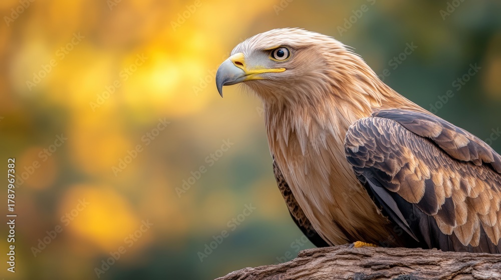 Fototapeta premium A majestic eagle perches gracefully on a tree branch, showcasing its striking feathers and intense gaze against a warm, blurred background, Ideal for nature-themed projects, wildlife conservation