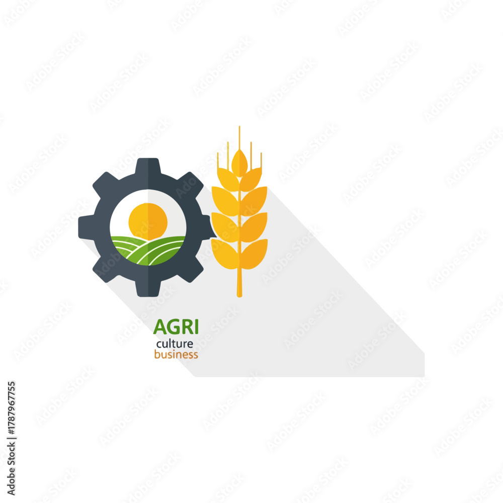 Fototapeta premium Agri culture business logo, gear symbol with sun and fields, golden wheat illustration, farming production icon