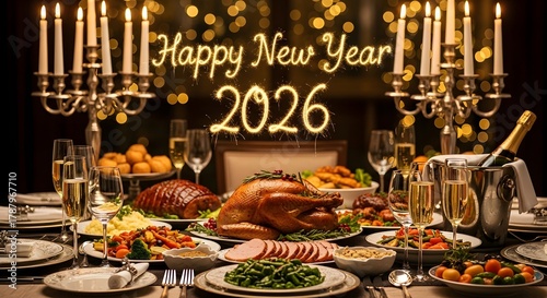 Celebrate 2026 with festive feast, champagne, and sparklers