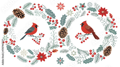 Illustration of two cardinals perched on branches with berries and pinecones in a circular design motif silhouette