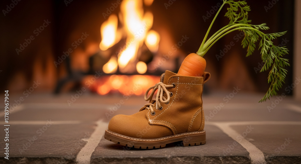 Obraz premium Childrens shoe and pepernoten for Sinterklaas and carrot for horse treat stands in front of hot fireplace. Celebration concept for children party in Saint Nicolas day five december.