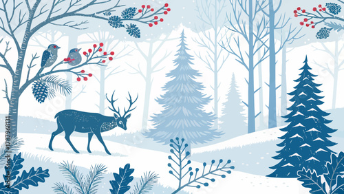 Illustration of a deer in a winter forest with birds on a branch and snow covered ground and trees silhouette