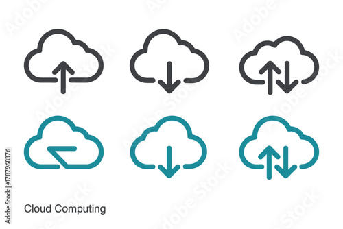 Cloud computing data upload download sync storage line icons