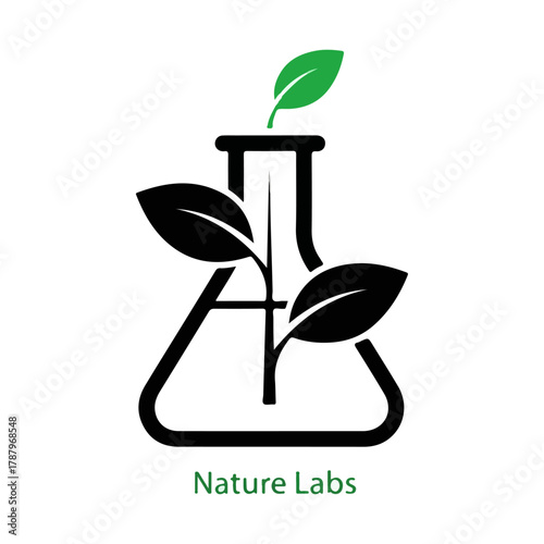 Ecology research and natural science emblem, green plant leaves growing from a laboratory flask