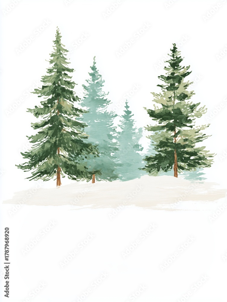 Obraz premium Minimalist winter card with watercolor pine trees and soft snow. Scandinavian-style illustration with calm tones and white space, perfect for Christmas or seasonal greeting designs.