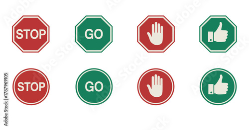 Stop and go red and green signs, text, hand, and thumbs up icons.
