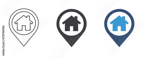 Home location pin icons set, residence address map pointer